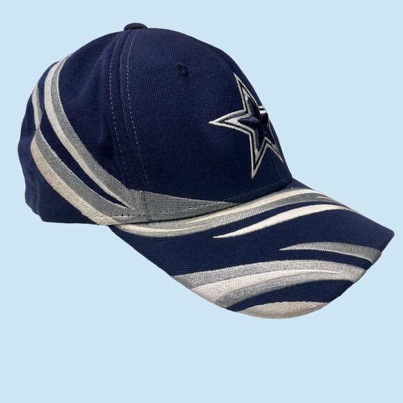 VTG 90s Dallas Cowboy NFL Hat‎ Cap Mens Fitted Navy Blue Reebok White Flames - Picture 2 of 9
